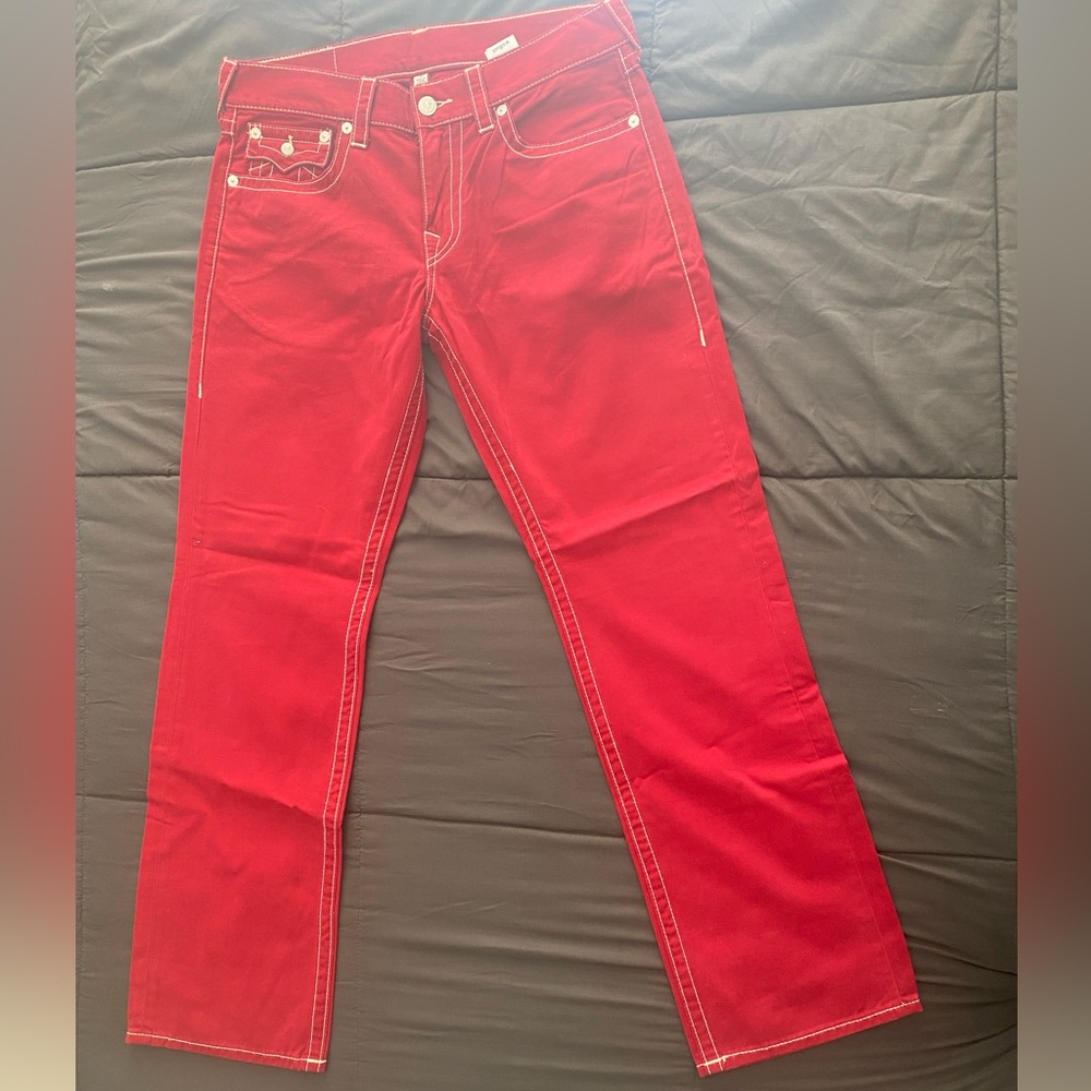 True Religion Red Denim White Seams Straight Leg Flap Pocket Men's Jeans 34